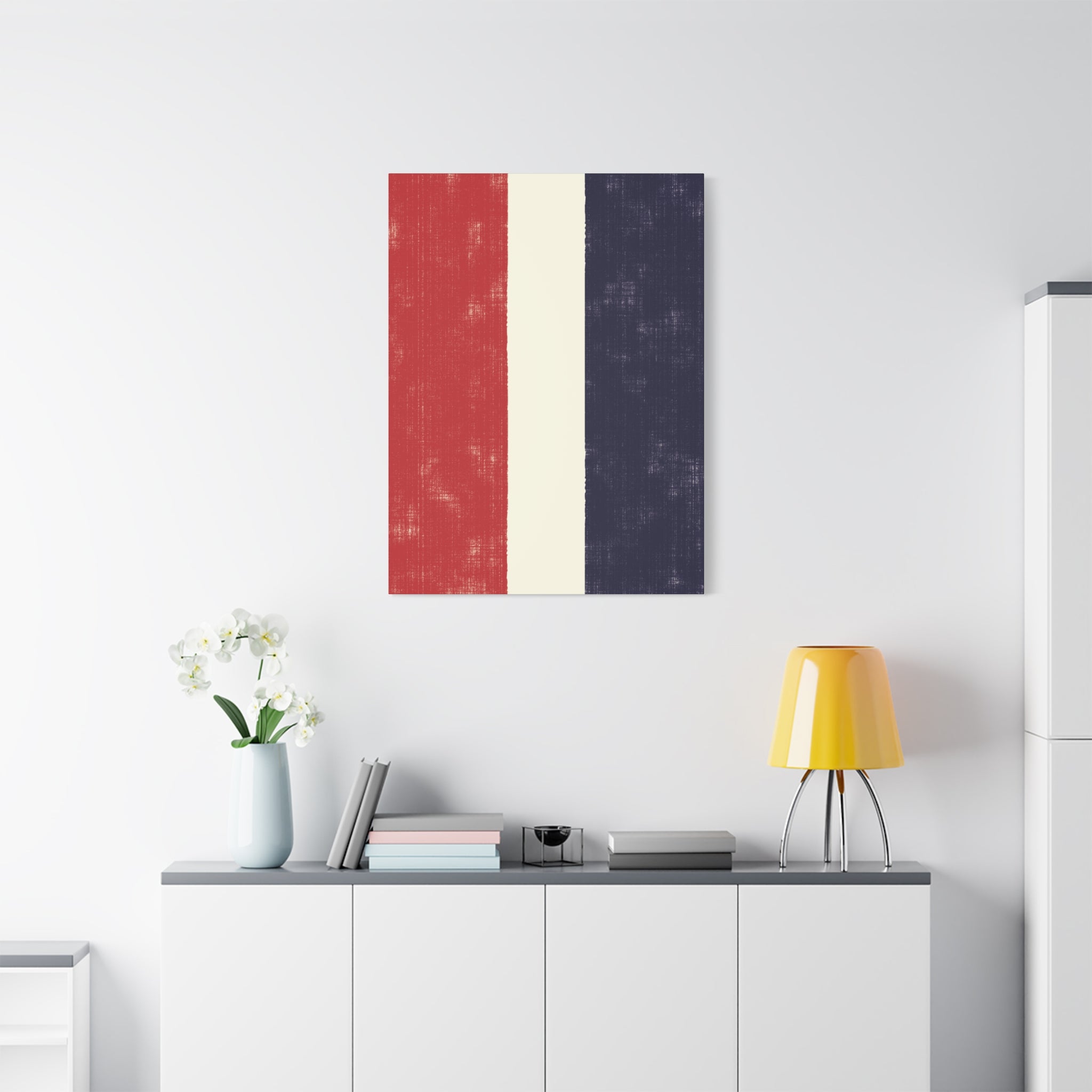 Modern Abstract Canvas – Vertical Colour Block Composition in Red, Cream & Navy